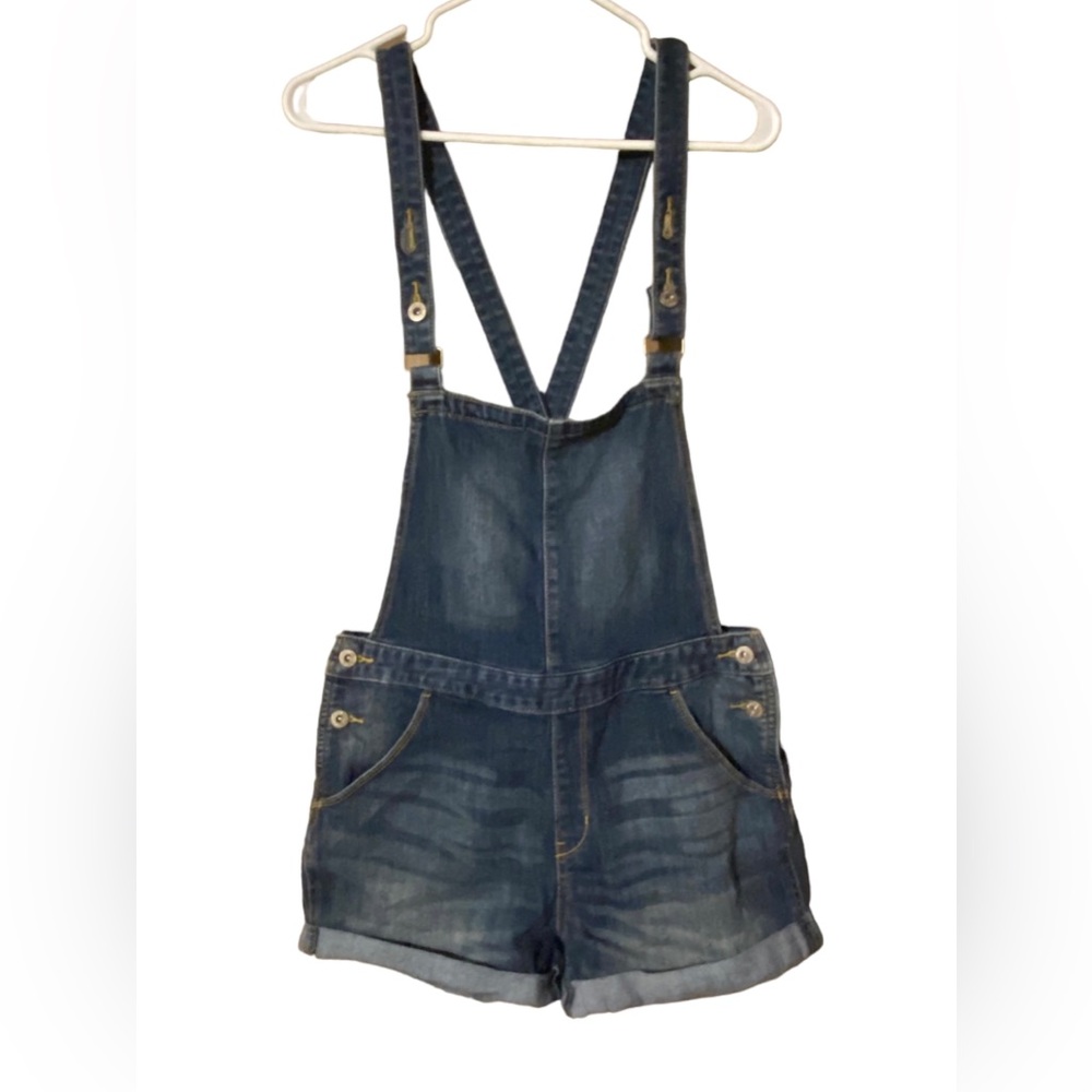 Levi’s Denizen Shortalls Medium Jean Overalls Shorts Blue Denim Cuffed Stretch